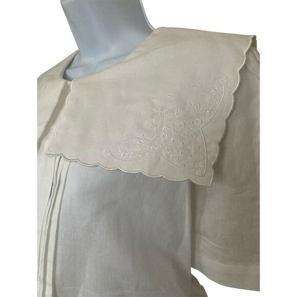 Vintage 80s 90s White Cotton Pan Collar Cottage Preppy Victorian Blouse M/8 - Picture 3 of 6